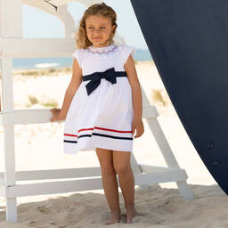 Patachou-Girls White & Navy Blue Cotton Dress | Childrensalon Outlet