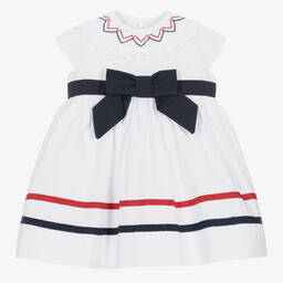 Patachou-Girls White & Navy Blue Cotton Dress | Childrensalon Outlet