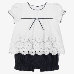 Patachou-Girls White & Navy Eyelet Ensemble | Childrensalon Outlet