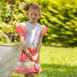 Patachou-Girls White & Pink Cotton Skirt Set | Childrensalon Outlet