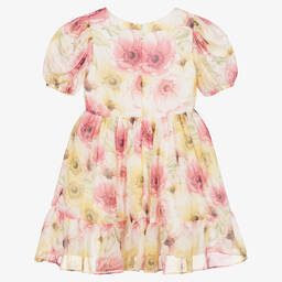 Patachou-فستان شيفون لون زهري وأبيض بطبعة ورود | Childrensalon Outlet