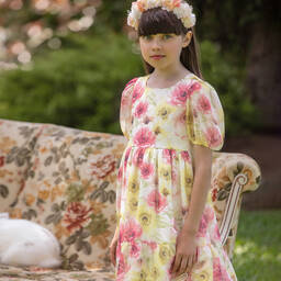 Patachou-فستان شيفون لون زهري وأبيض بطبعة ورود | Childrensalon Outlet