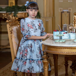 Patachou-Pale Blue Floral Chiffon Dress | Childrensalon Outlet