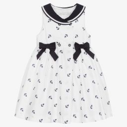 Patachou-فستان قطن بوبلين لون أبيض وكحلي | Childrensalon Outlet