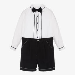 Patachou-White & Blue Cotton Shorts Set | Childrensalon Outlet
