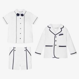 Patachou-White & Blue Linen Shorts Suit | Childrensalon Outlet
