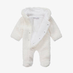 Patachou-White Hooded Fleece Baby Pramsuit | Childrensalon Outlet