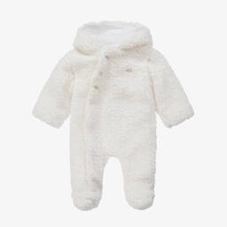 Patachou-White Hooded Fleece Baby Pramsuit | Childrensalon Outlet