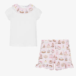 Patachou-White & Pink Cotton Shorts Set | Childrensalon Outlet