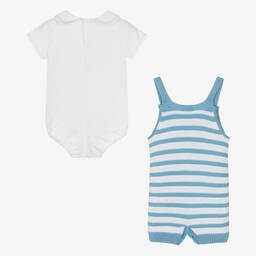 PAZ Rodríguez-Baby Boys Blue Striped Knit Dungaree Shorts Set | Childrensalon Outlet