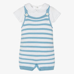 PAZ Rodríguez-Baby Boys Blue Striped Knit Dungaree Shorts Set | Childrensalon Outlet