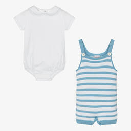 PAZ Rodríguez-Baby Boys Blue Striped Knit Dungaree Shorts Set | Childrensalon Outlet