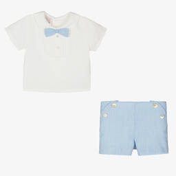 PAZ Rodríguez-طقم شورت قطن وكتان لون عاجي وأزرق للمواليد | Childrensalon Outlet