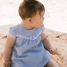 PAZ Rodríguez-فستان مزيج قطن ودانتيل لون أزرق للمولودات | Childrensalon Outlet