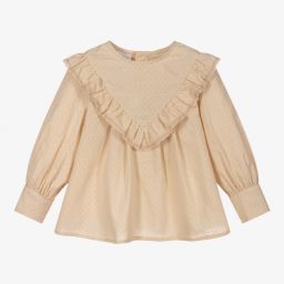 PAZ Rodríguez-بلوز قطن مزين بكشكش لون بيج للبنات | Childrensalon Outlet