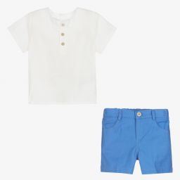 PAZ Rodríguez-طقم شورت أطفال ولادي مزيج قطن وكتان لون أزرق فاقع وعاجي | Childrensalon Outlet