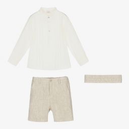 PAZ Rodríguez-طقم شورت مزيج قطن وكتان لون عاجي وبيج للأولاد | Childrensalon Outlet