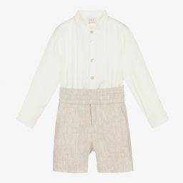 PAZ Rodríguez-طقم شورت مزيج قطن وكتان لون عاجي وبيج للأولاد | Childrensalon Outlet