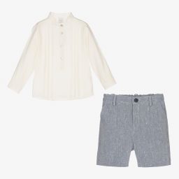 PAZ Rodríguez-طقم شورت أطفال ولادي مزيج قطن وكتان لون عاجي وأزرق | Childrensalon Outlet
