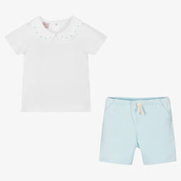 PAZ Rodríguez-طقم شورت قطن جيرسي لون أبيض وأزرق للأولاد | Childrensalon Outlet