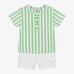 PAZ Rodríguez-Boys White & Green Stripe Cotton Shorts Set | Childrensalon Outlet