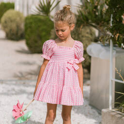PAZ Rodríguez-Girls Pink Shirred Gingham Seersucker Dress | Childrensalon Outlet