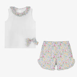 باز رودريغيز-طقم شورت قطن لون أبيض وأزرق للبنات | Childrensalon Outlet