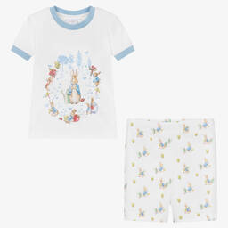 بيتر رابِت باي تشلدرن صالون-بيجاما شورت قطن جيرسي لون أبيض و أزرق | Childrensalon Outlet