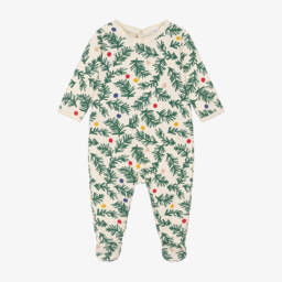Petit Bateau-Boys Beige & Green Christmas Babygrow | Childrensalon Outlet