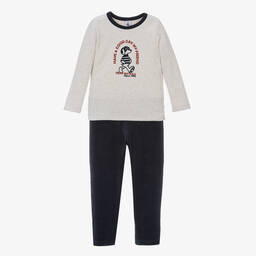 Petit Bateau-Boys Beige & Navy Blue Velour Pyjamas | Childrensalon Outlet