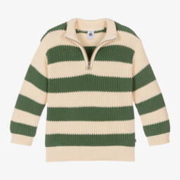 Petit Bateau-بلوفر مقلم قطن محبوك لون عاجي وأخضر للأولاد | Childrensalon Outlet