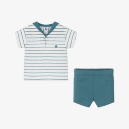 Petit Bateau-Boys Teal Stripe Cotton Ensemble | Childrensalon Outlet