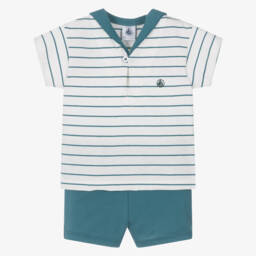 Petit Bateau-Boys Teal Stripe Cotton Ensemble | Childrensalon Outlet