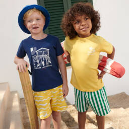 Petit Bateau-شورت سباحة بنقشة الأمواج وأسماك القرش لون أصفر للأولاد | Childrensalon Outlet