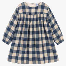 Petit Bateau-Сине-бежевое хлопковое платье в клетку | Childrensalon Outlet