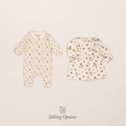 بتي باتو-فستان بطبعة ورود قطن عضوي لون عاجي | Childrensalon Outlet