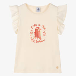 Petit Bateau-تيشيرت كريمي مزين بالكشكش للبنات | Childrensalon Outlet