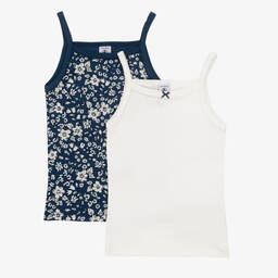 Petit Bateau-Girls Ivory & Blue Cotton Vests (2 Pack) | Childrensalon Outlet