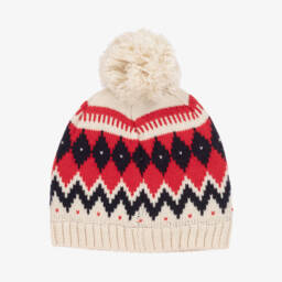 بتي باتو-قبعة بوم بوم مزيج صوف وقطن لون عاجي وأحمر للأطفال | Childrensalon Outlet
