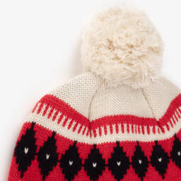 بتي باتو-قبعة بوم بوم مزيج صوف وقطن لون عاجي وأحمر | Childrensalon Outlet