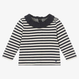 Petit Bateau-Girls Navy Blue Cotton Striped Top | Childrensalon Outlet