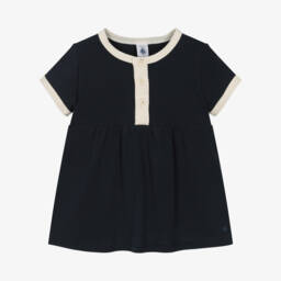Petit Bateau-Girls Organic Navy Cotton Frock | Childrensalon Outlet