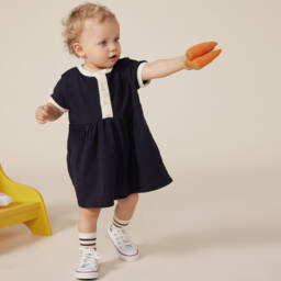 Petit Bateau-Girls Organic Navy Cotton Frock | Childrensalon Outlet