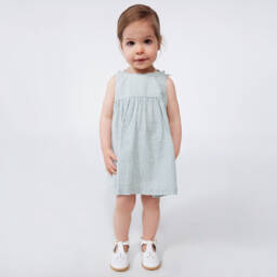 Petit Bateau-Girls Sage Seersucker Cotton Dress | Childrensalon Outlet