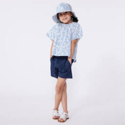 Petit Bateau-شورت قطني أزرق ناعم للبنات مع حزام رباط | Childrensalon Outlet