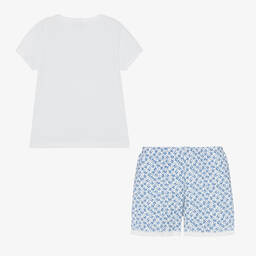 Petit Bateau-Girls White & Blue Cotton Cat Pyjamas | Childrensalon Outlet