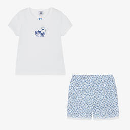 Petit Bateau-Girls White & Blue Cotton Cat Pyjamas | Childrensalon Outlet