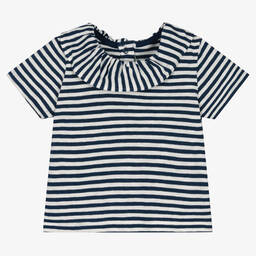 Petit Bateau-تيشيرت أطفال بناتي قطن عضوي مقلم لون أبيض وكحلي | Childrensalon Outlet