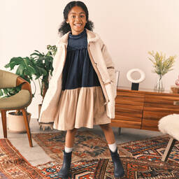 Petite Amalie-Girls Blue & Beige Needlecord Dress | Childrensalon Outlet