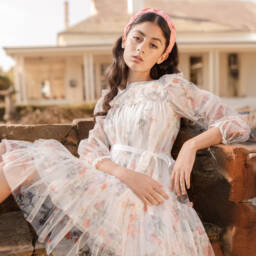 Petite Amalie-Girls Creamy Tulle Floral Gown | Childrensalon Outlet